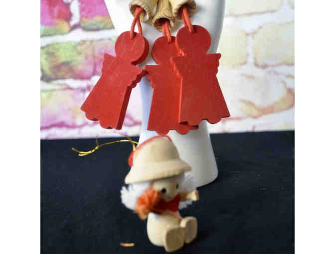 Vintage Wooden Ornaments - Doll and 3 Angels on Cord Hangers