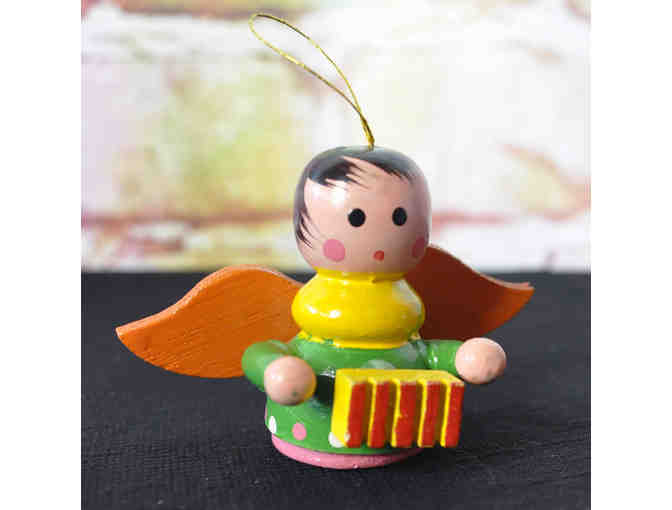 Vintage Wooden Ornament - Angel Musician With Cord Hanger