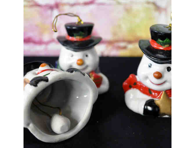 Trio of Ceramic Snowmen Bell Ornaments