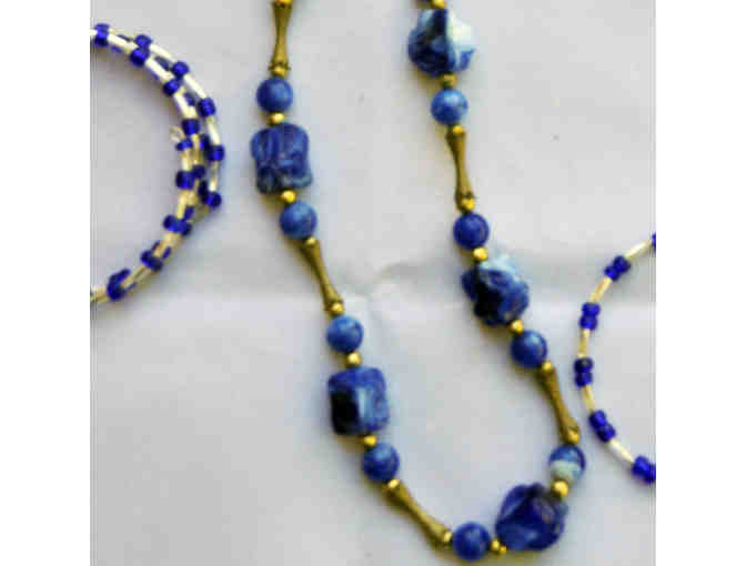 Blue, Gold, White Beaded Necklace and Pastel Glass Beads on Wire Bracelet