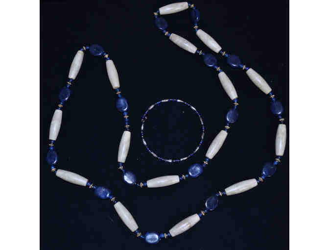 Blue, Gold, White Beaded Necklace and Pastel Glass Beads on Wire Bracelet