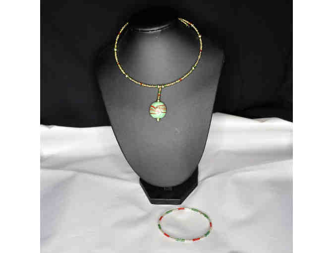 Matching Green and Red Beaded Necklace and Bracelet on Wires