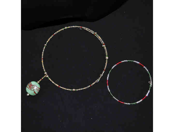 Matching Green and Red Beaded Necklace and Bracelet on Wires