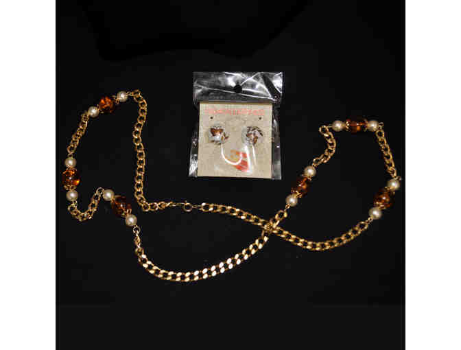 Pearls with Amber Colored Beaded Necklace and Butterfly Enamel Post Earrings