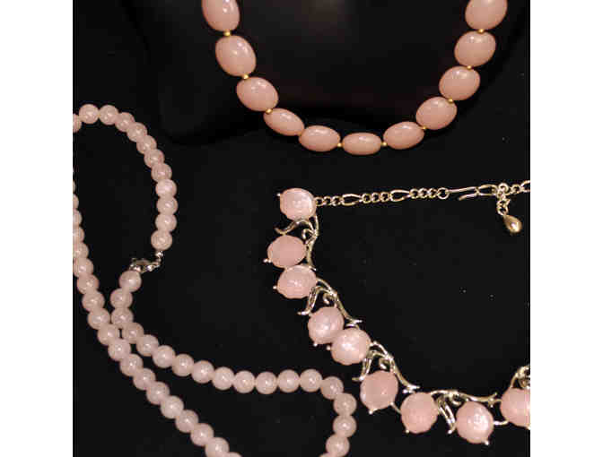 Three Pink Necklaces: Stone Beads 18', Plastic Flat Beads 16', Silver and Resin Adjustable