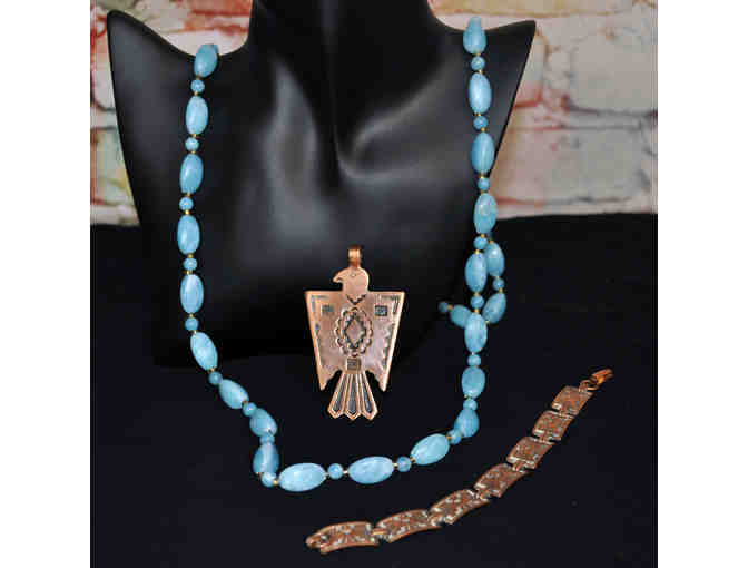 Turquoise Resin Beaded Necklace 36' with Copper Bracelet and Thunderbird Pendant