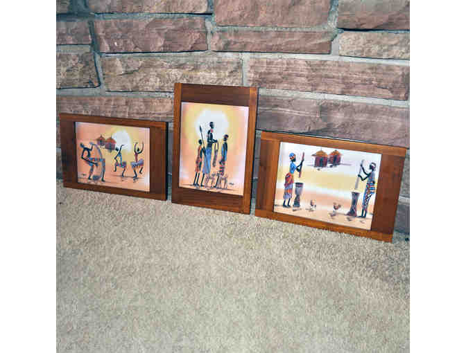 Vintage Handpainted African Tribal Art on Fabric - Framed Under Glass - Set of 3 Paintings