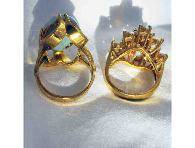 White Resin Beaded Necklace 18' and Two Simulated Opal Rings In Gold Colored Metal