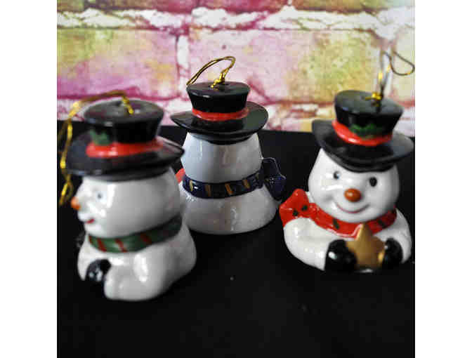 Trio of Ceramic Snowmen Bell Ornaments