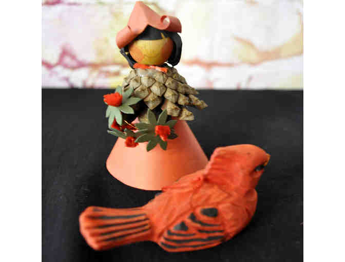 Wooden and Pine Cone Statue of Girl with Wooden Cardinal Ornament