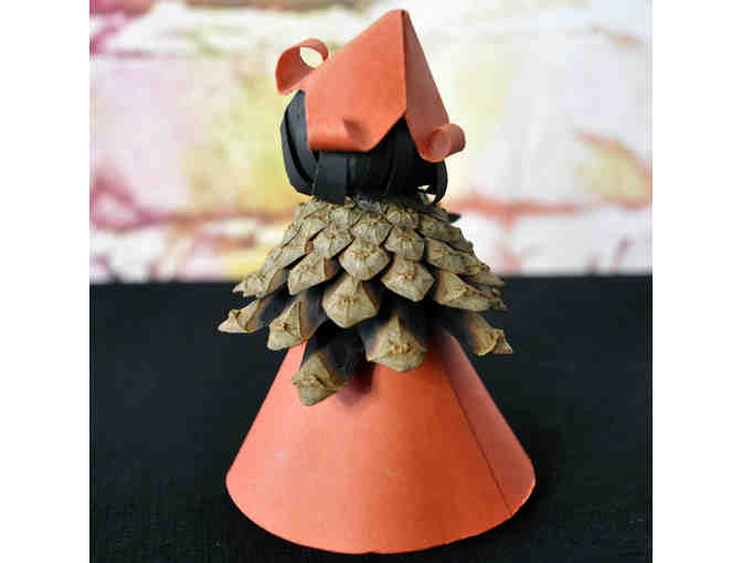 Wooden and Pine Cone Statue of Girl with Wooden Cardinal Ornament