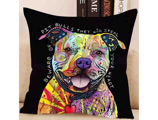 Pillow - Colorful Pit Bull Design - 'Beware Of Pitbulls - They Will Steal Your Heart'