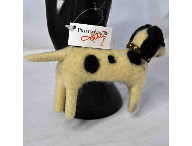 White & Black Hound With Collar and Tag - Needle Felted Figurine - by Primatives by Kathy