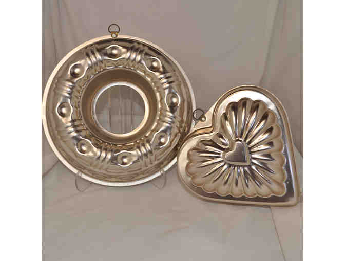 Two Vintage Jello Molds - One Round and One Heart Shaped - Copper Colored Metal Farmhouse