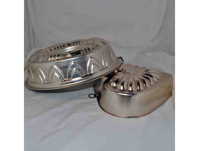 Two Vintage Jello Molds - One Round and One Heart Shaped - Copper Colored Metal Farmhouse