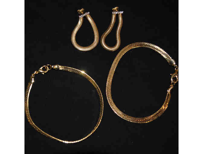 Two Gold Colored Flat Link Bracelets with Matching Gold Colored Earrings