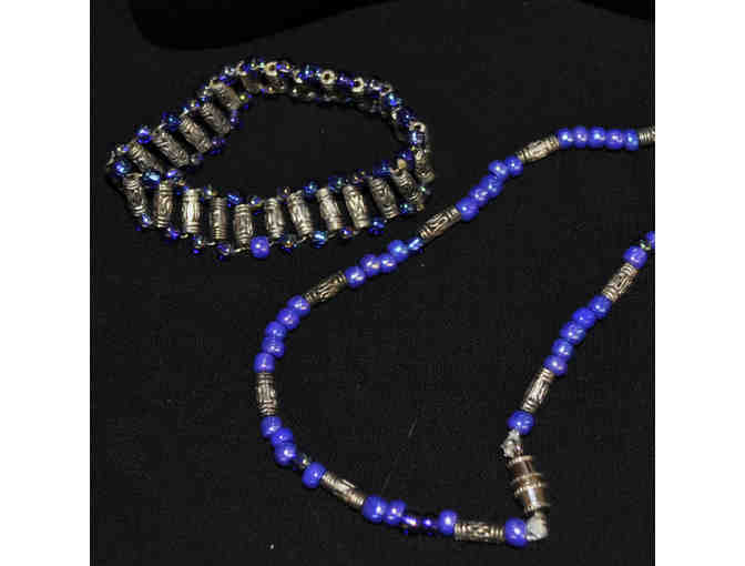 Blue and Silver Colored Beaded Necklace and Marching Beaded Stretch Bracelet