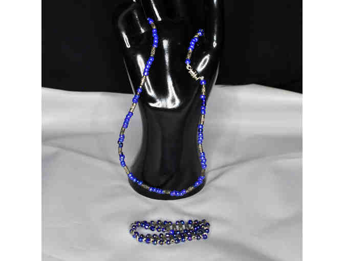 Blue and Silver Colored Beaded Necklace and Marching Beaded Stretch Bracelet