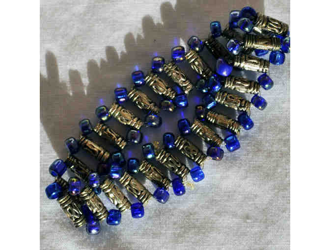 Blue and Silver Colored Beaded Necklace and Marching Beaded Stretch Bracelet