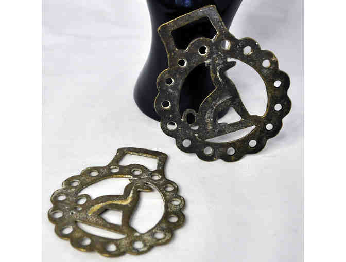 Two Identical Vintage Brass Bridle or Harness Medallions - with Greyhound Dog Design