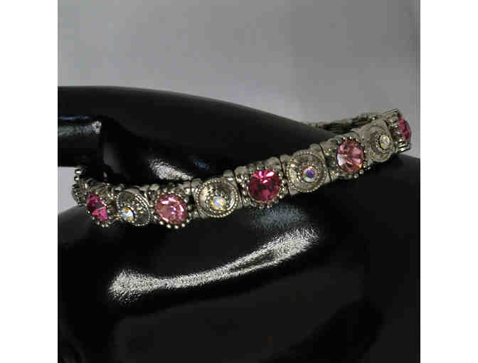 Two Vintage Silver Colored Metal Stretch Bracelets - Both with Pink and Clear Stones