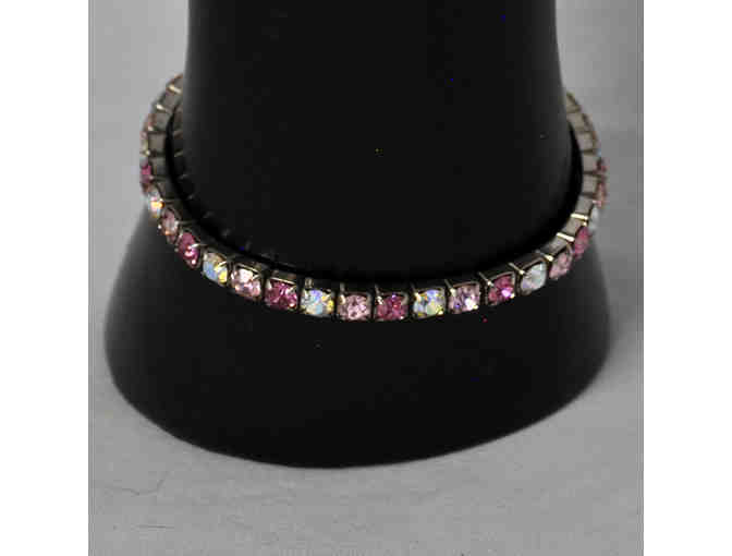 Two Vintage Silver Colored Metal Stretch Bracelets - Both with Pink and Clear Stones