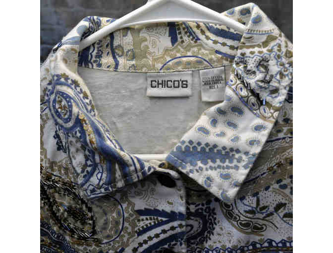 Chico's Women's Blue Paisley Shirt - Size 3 - 100% Cotton - Long Sleeve