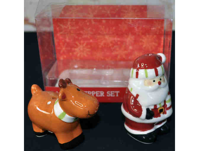 Vintage Santa and Reindeer Salt & Pepper Shakers on Base - 3 Pc - Boston Warehouse