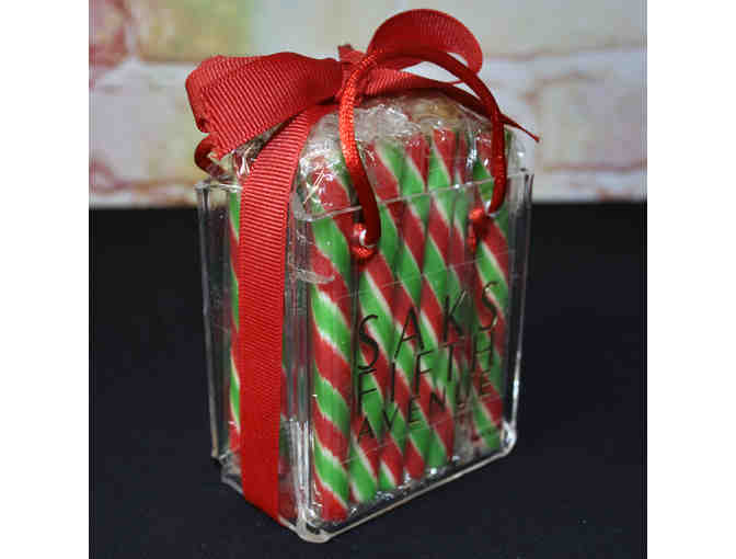 Vintage Saks Fifth Avenue Plastic Totes Bag Ornament witn Candy Sticks