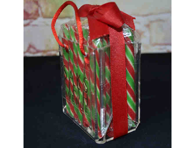 Vintage Saks Fifth Avenue Plastic Totes Bag Ornament witn Candy Sticks