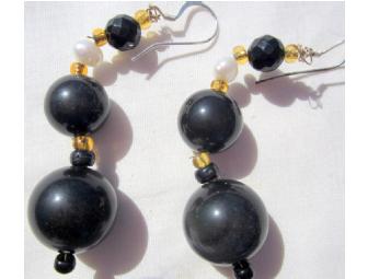BJE 107 Genuine Black Onyx, Pearl Dangle Earrings!