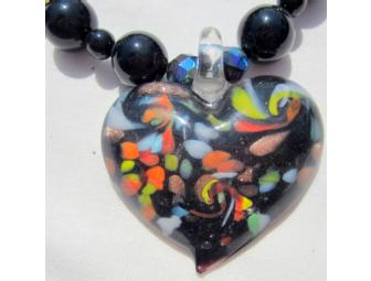BJN117 ONE OF A KIND HANDCRAFTED HEART NECKLACE ONYX, PEARLS, DOUBLE STRAND!