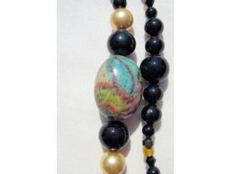 BJN117 ONE OF A KIND HANDCRAFTED HEART NECKLACE ONYX, PEARLS, DOUBLE STRAND!