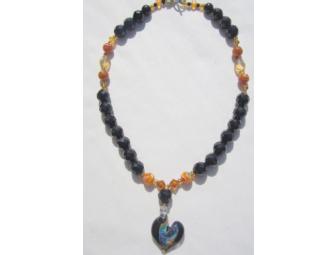 BJN 119 Large faceted Onyx and Citrine necklace with HEART, One of a Kind/hand crafted!