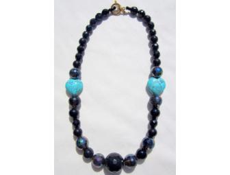 BJN 174 ONE OF A KIND ONYX NECKLACE WITH TURQUOISE HEARTS!