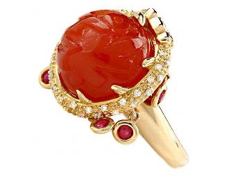 COUTURE CARVED RED JADE, BURMESE RUBY, DIAMOND RING