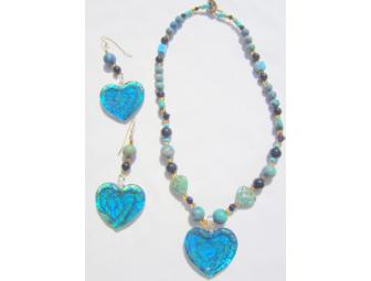 BJN 168 BOLD HEART NECKLACE  EARRINGS ENSEMBLE 300 CTTW GENUINE ONYX AND TURQUOISE!!