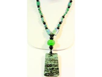 BJN 189 Unique Green Picasso Stone Pendant drops from a strand of Genuine Turquoise, Onyx!