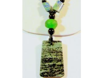 BJN 189 Unique Green Picasso Stone Pendant drops from a strand of Genuine Turquoise, Onyx!