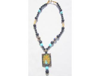 BJN 222: TURQUOISE/ONYX NECKLACE WITH PEACOCK ART PENDANT, 250 CARATS SEMI PRECIOUS GEMS!