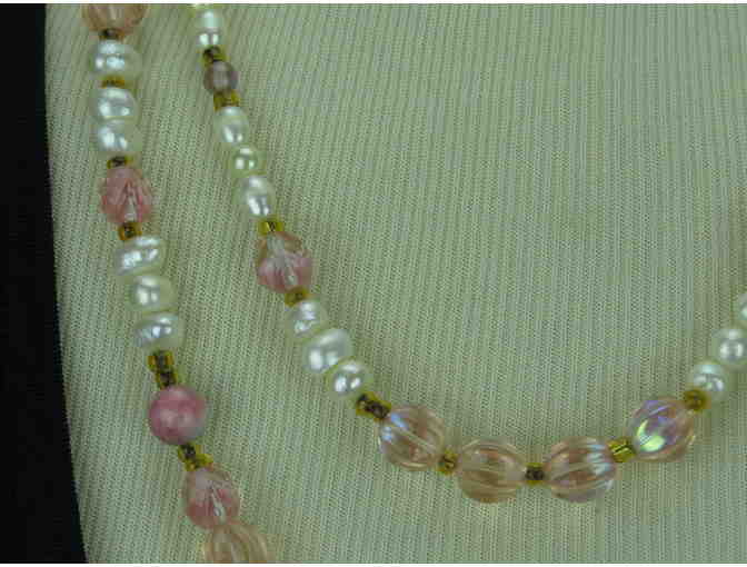 #127: 2 strand Pearl Necklace w/Pink Accents and Earrings, 'PEARL JAM'