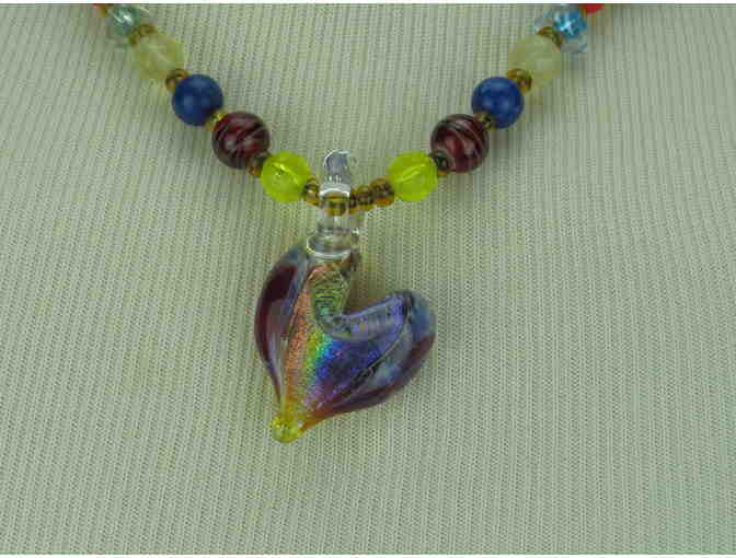 1/KIND WHIMSICAL AND ROMANTIC NECKLACE w/Iridescent Art Glass Heart and gemstones!