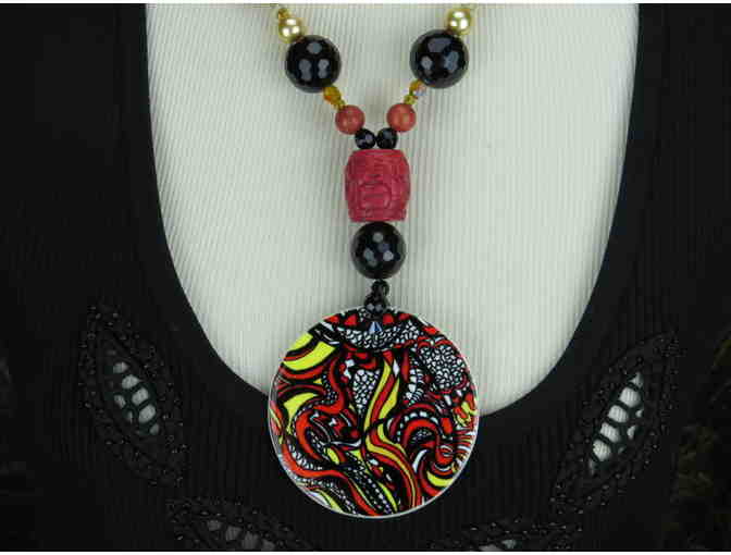 1/KIND Simply STUNNING Necklace w/Carved Cinnabar, Onyx and Porcelain ART PENDANT!