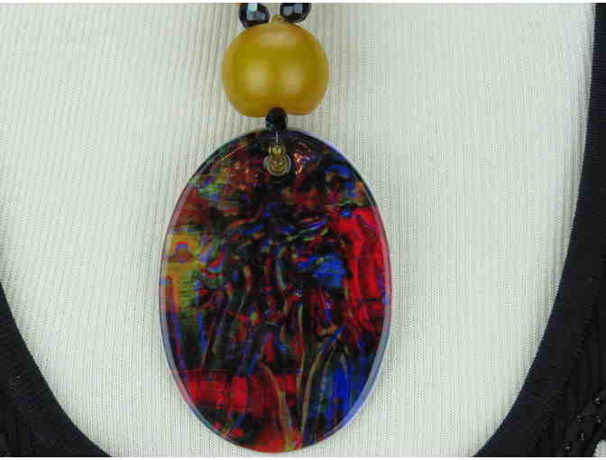 1/Kind Statement Necklace: Amber, Coral, Onyx and 'Gemini' Porcelain Art Pendant!