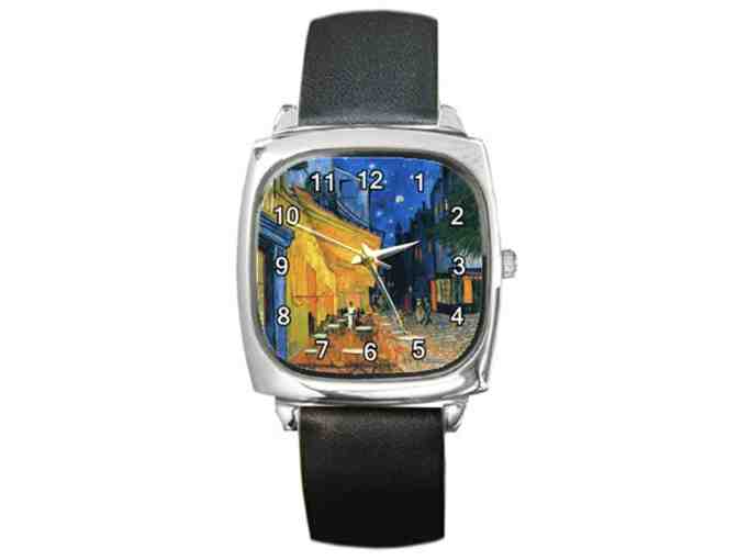 'Cafe Terrace' by Van Gogh: Leather band watch