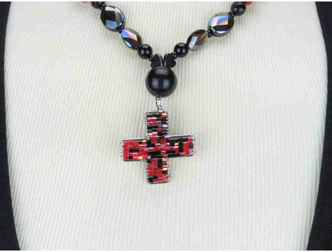 1/Kind Charming Necklace features inlaid bead Cross Pendant w/Genuine Black Onyx!