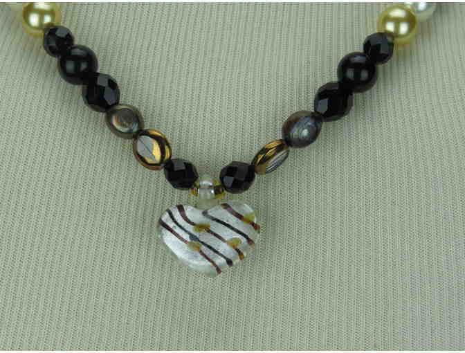 1/KIND Romantic Classic Necklace w/Onyx, Freshwater and South Sea Shell Pearls, Heart Drop