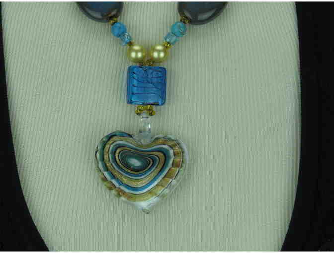 1/KIND Romantic Heart Necklace w/Turquoise, Smokey Topaz, Austrian Crystal Pearls, Pendant