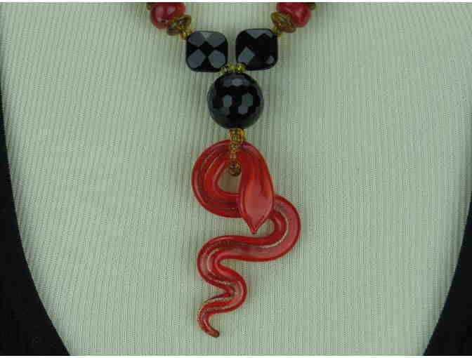 1/KIND NECKLACE features lamp work glass snake pendant and Genuine Black ONYX!