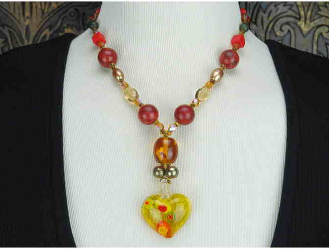 1/KIND Romantic Necklace w/ Amber, Freshwater Pearls, Coral, Citrine and Heart Pendant!
